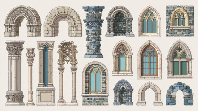 Amphitheater arches and columns with detailed stonework diverse architectural styles