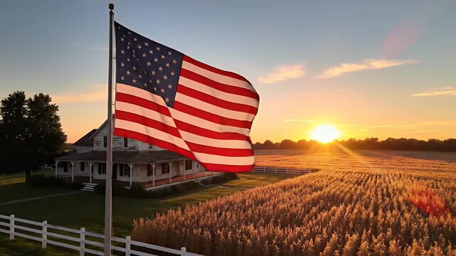 American flag flies over a weathered farmhouse at sunset