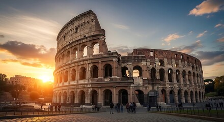 Naklejka premium Ancient roman colosseum ruins at sunset with tourists and golden sky