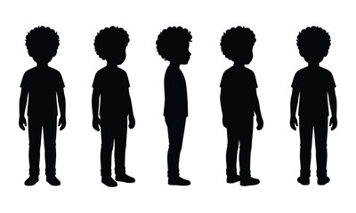 Fototapeta premium Full-body silhouettes of a young boy with afro hair in various standing poses, including front, side, and three-quarter views, on a clean white background.