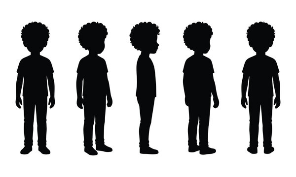 Full-body silhouettes of a young boy with afro hair in various standing poses, including front, side, and three-quarter views, on a clean white background.