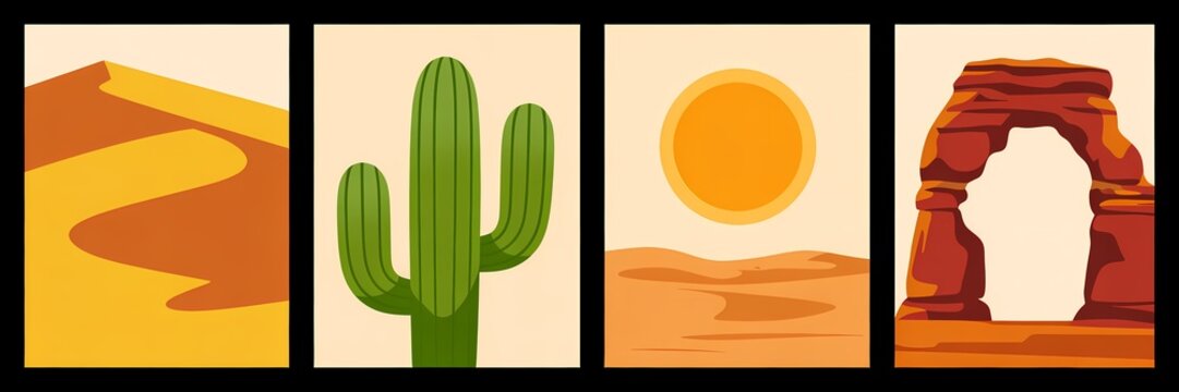 Minimalist Desert Landscape Illustration: Vibrant Sunset, Cactus Icons, Arid Scenery, Earth Tones, and Archie Background