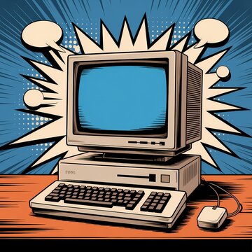 Retro Computer Illustration: Vintage 1980s Technology in Pop Art Style with Nostalgic Old School Gaming and Colorful Comic Book Effect