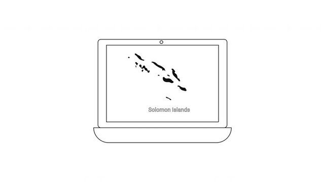 Laptop displaying map of Solomon Islands outline with text below.
