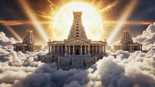 Majestic ancient temples float among clouds, illuminated by a radiant sun