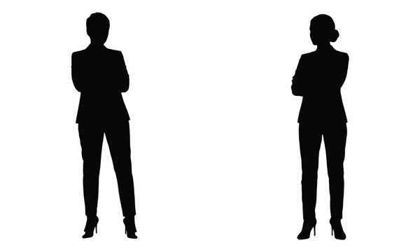 Two confident female business professional silhouettes in suits with crossed arms, standing tall and assertive on a clean white background, representing strong leadership.