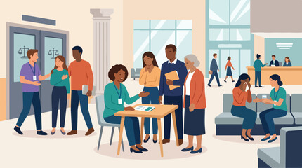 Obraz premium Diverse group of people seeking legal assistance at a courthouse or administrative building with attentive staff