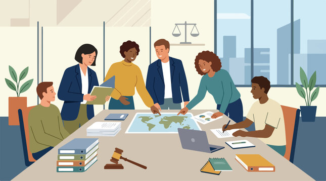 Diverse legal team collaborates on international strategy, analyzing global issues and preparing for a significant case in a modern office setting