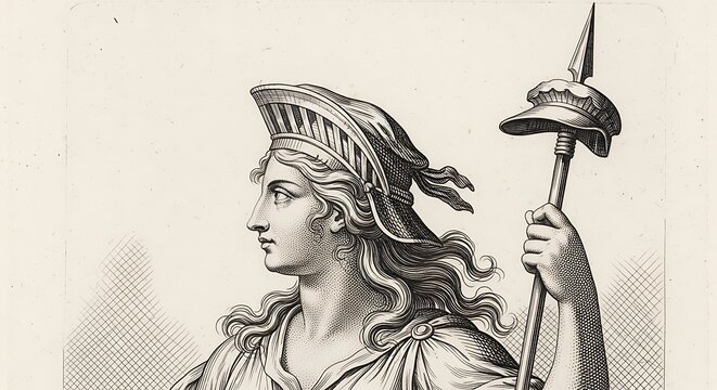 Classical artwork depicting a woman holding a spear against a neutral backdrop