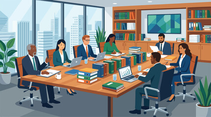 Fototapeta premium Business meeting in a modern boardroom with diverse professionals collaborating around a large table filled with documents and technology