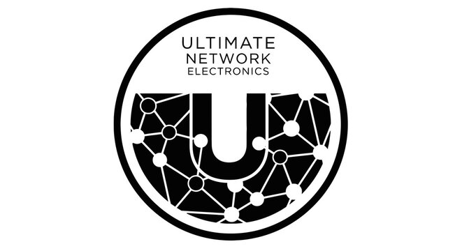 Black and white Ultimate Network Electronics logo.