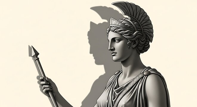 Classical statue of a female figure holding a spear with a shadow on a beige background