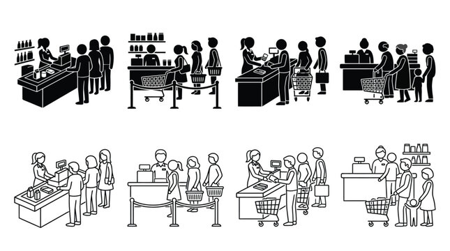 Checkout Counter Scenes With Customers Line Art Illustration