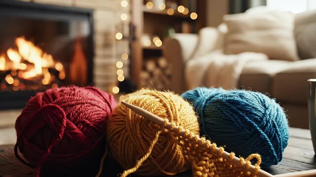 Cozy knitting scene with yarn, needles, fireplace, and couch in background