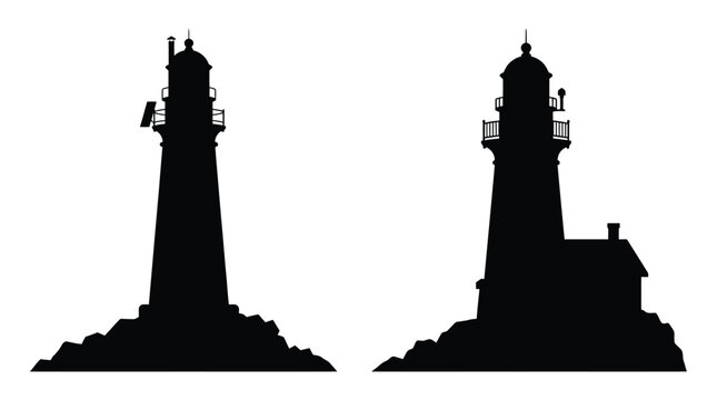 Lighthouse Silhouettes On White Background Nautical Coastal Structures