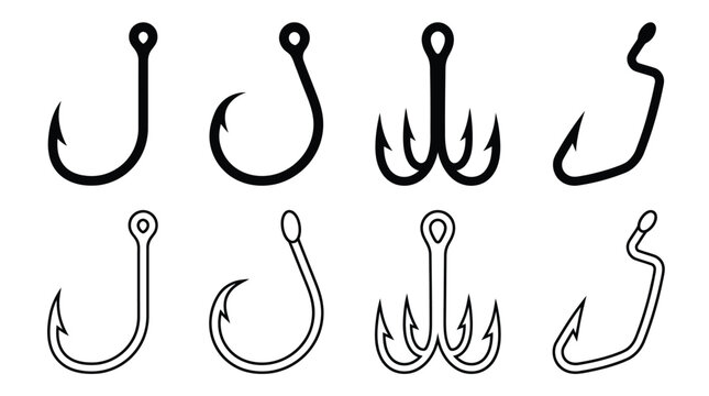 Fishing Hooks Collection Black Line Art On White Background
