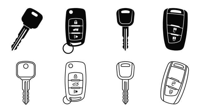 Car key silhouettes and line art variations on a white background