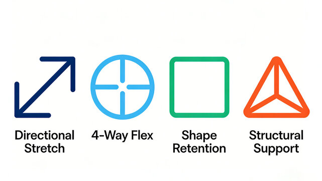 Directional arrows, four-way elasticity, shape preserving square and support triangle icons represent the characteristics of elastic fabrics, suitable for sports tight fitting clothes and fitness 