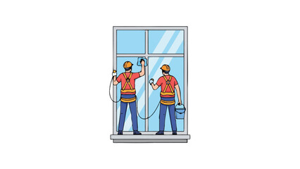 Fototapeta premium Professional Window Cleaners with Safety Harnesses - Commercial Maintenance and Glass Cleaning Service Vector Illustration
