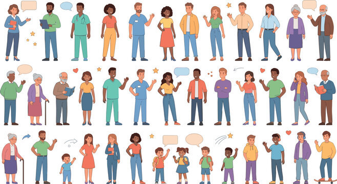  Diverse People Character Vector Set with Doctors, Seniors, Families and Kids for Community Healthcare and Inclusive Society Design Illustration