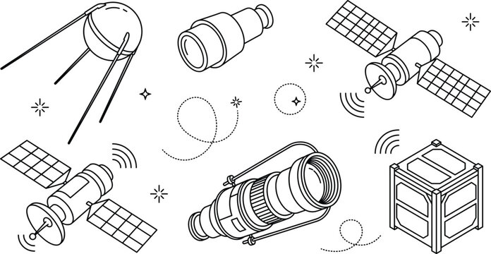 Space Satellite Communication Telescope and Cubesat Vector Line Icon Set for Aerospace and Astronomy Technology Infographics
