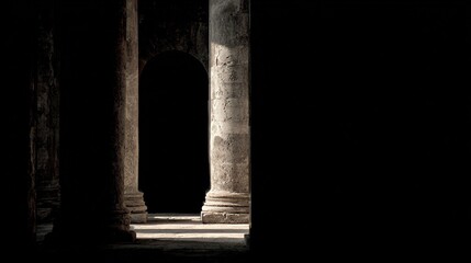 Fototapeta premium chiaroscuro. Stone pillars framing doorway, feminine silhouette in light and shadow, ancient architecture. real-estate listings.