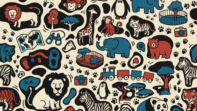 Hand Drawn Wild Jungle Animal Seamless Pattern