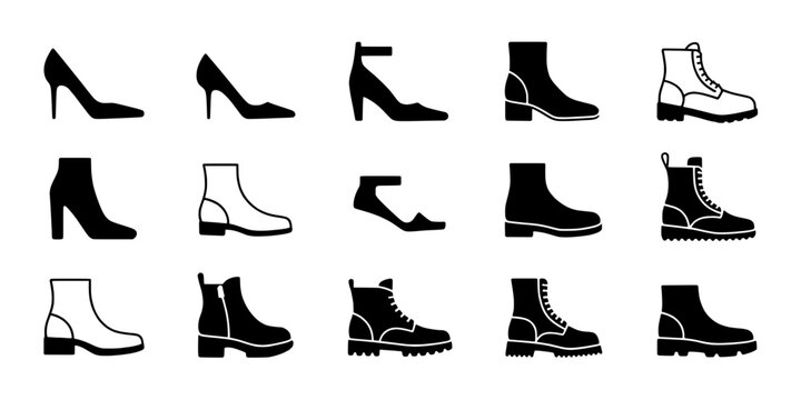 Shoes vector icons set with different styles, silhouettes and laces, isolated on white background for footwear design