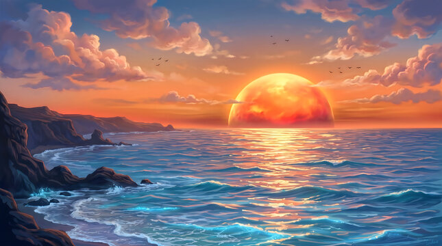 Vibrant digital painting of a massive glowing sun setting over a restless ocean with crashing waves against a rocky coastline under a dramatic cloudy sky at sunset or sunrise