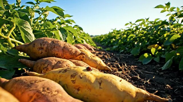 Freshly harvested root vegetables line a fertile farm field under a clear sky