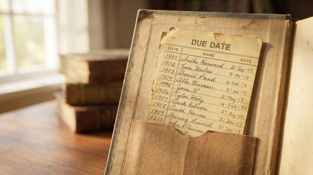 Library book due date card inside yellowed paper pocket, vintage record tracking borrowed items, old slip tucked into worn cover, handwritten ink entries on aged textured stationery surface texture.