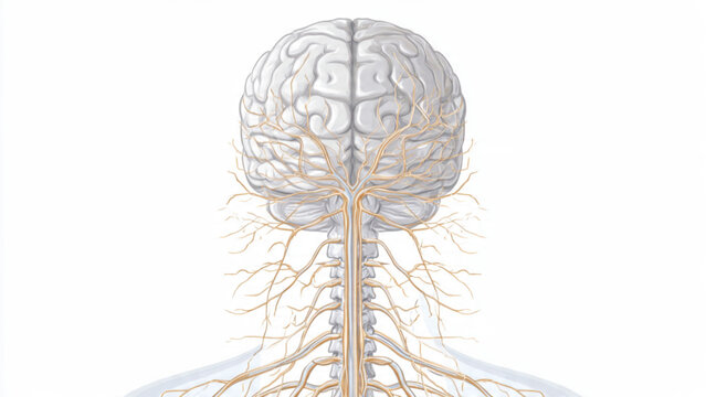 Detailed illustration of human brain and nervous system with neural pathways in neutral tones