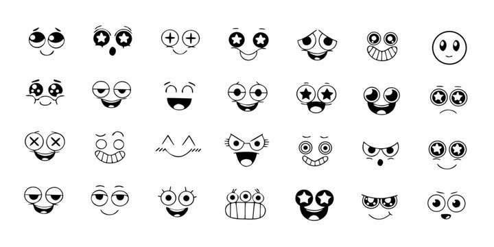 cartoon facial expressions a comprehensive set of black and white icons