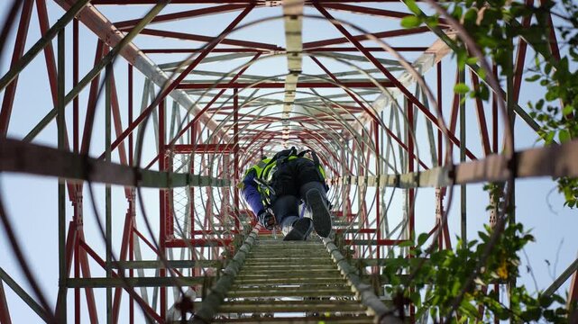 Dhaka, Bangladesh - 21 September 2023: View of a technician in safety gear climbing a tall telecommunications tower structure against a clear sky.