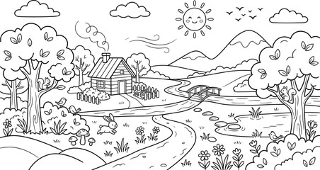Fototapeta premium Countryside Landscape Coloring Page with Cute Cabin, River Bridge, Trees and Animals for Kids Nature Spring Activity Book Illustration