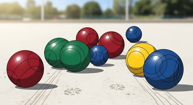 Colorful bocce balls arranged on a textured surface for recreational outdoor games
