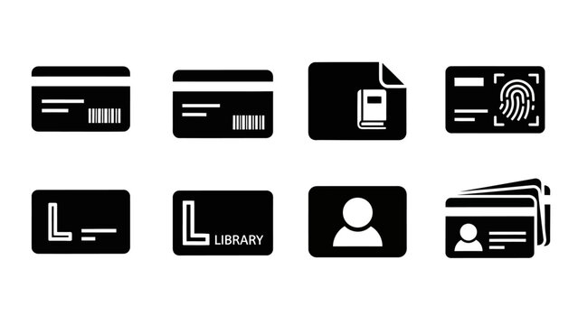Collection of Icons: ID Cards, Library Cards, Fingerprint Scan, Barcode