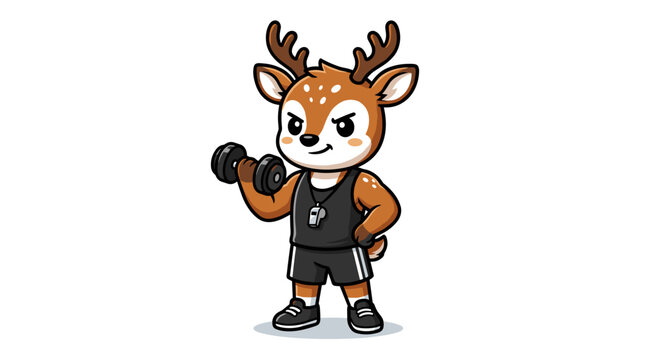 Cute cartoon deer character lifting weights in a gym outfit