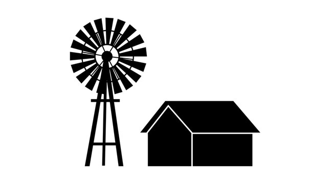 Silhouette of a windmill and a small house on a white background