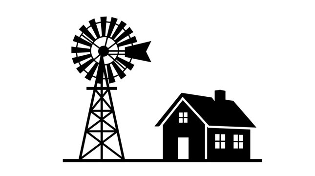 Black silhouette of a windmill and a house on a white background