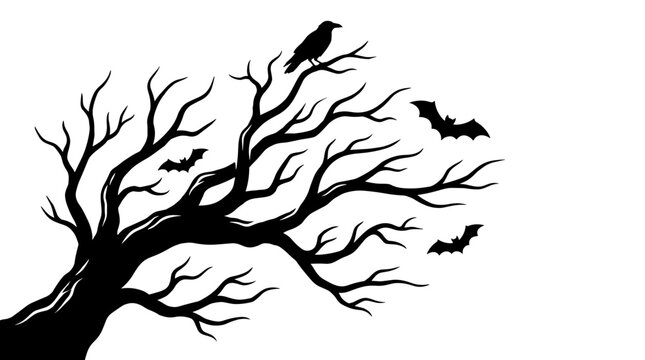 Halloween spooky tree silhouette with raven and bats flying around