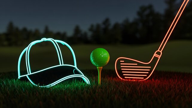Neon golf equipment with glowing cap ball and club on dark outdoor background