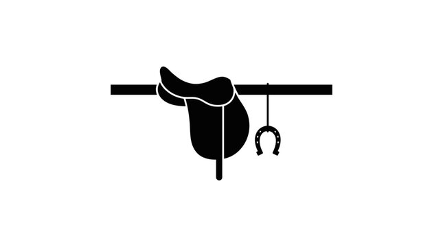 Western saddle and horseshoe hanging on a rack simple black and white illustration