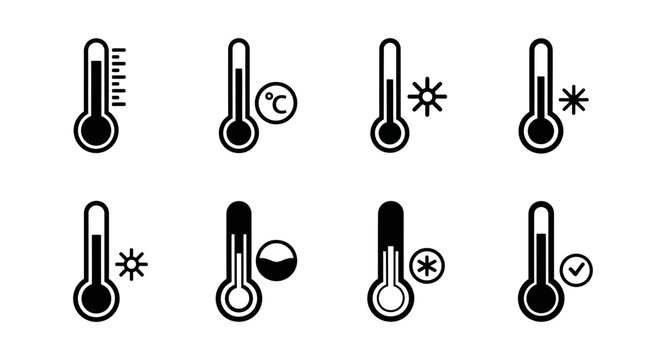 Collection of Thermometer Icons: Temperature Measurement, Hot, Cold, and Freezing.