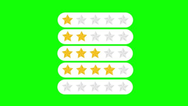 animation of collection of customer rating types, 1-5 stars, green background, 4k video