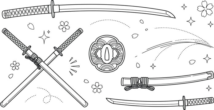 Traditional Japanese Katana Samurai Sword Wakizashi and Tsuba Handguard Vector Line Icon Illustration Set with Sakura
