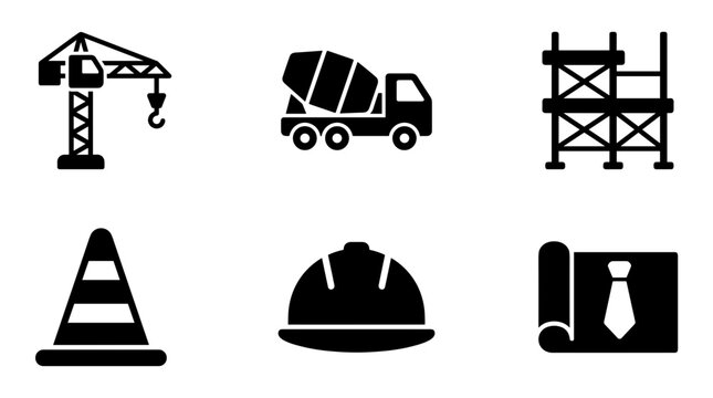 Construction icons set crane mixer truck safety helmet traffic cone blueprint and scaffolding