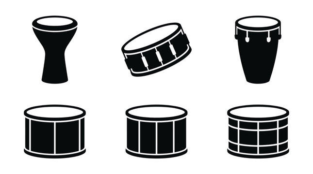 Collection of various drum silhouettes isolated on white background