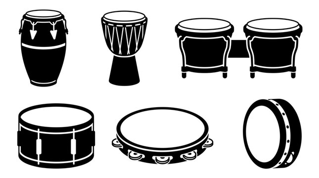 Collection of various percussion drums and instruments isolated on white background