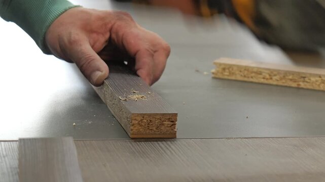 Carpenter drilling hole in chipboard furniture piece